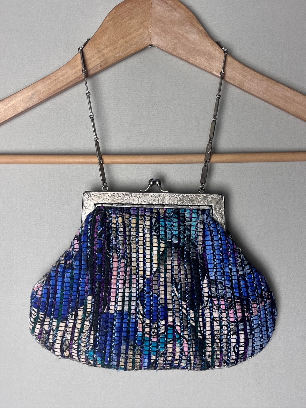 Artisan Woven Kiss Lock Evening Bag Jewel Tone Tapestry Purse Silver Frame